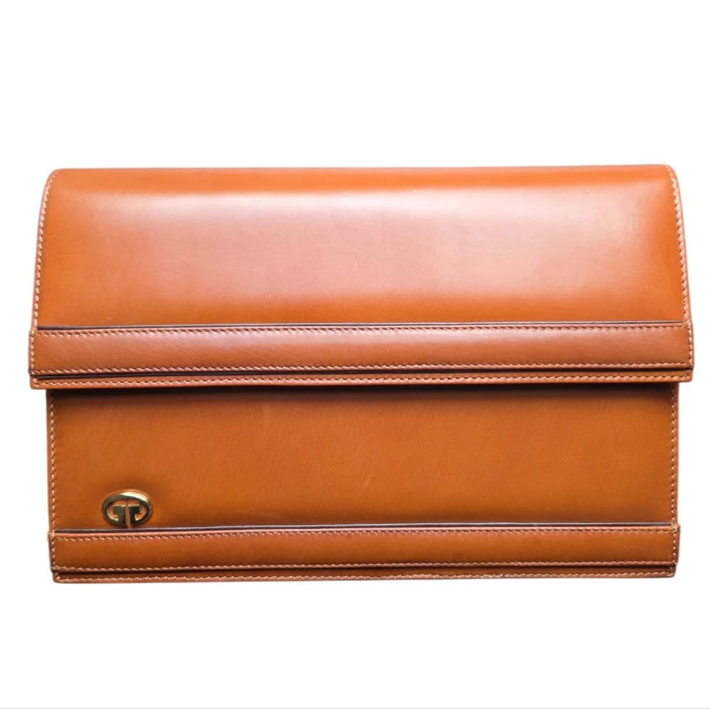 Vintage Gucci Cognac Leather Chain Shoulder Bag Envelope Clutch Purse - Picture 6 of 17